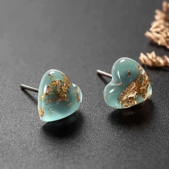 Jewelry - NWT Boho Heart Turquoise Gold Fleck Heart Shape Cute Earrings with Iron Post